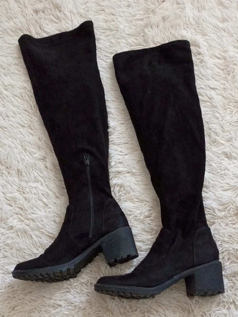 Black Thigh-High Suede Block Heel Boots!